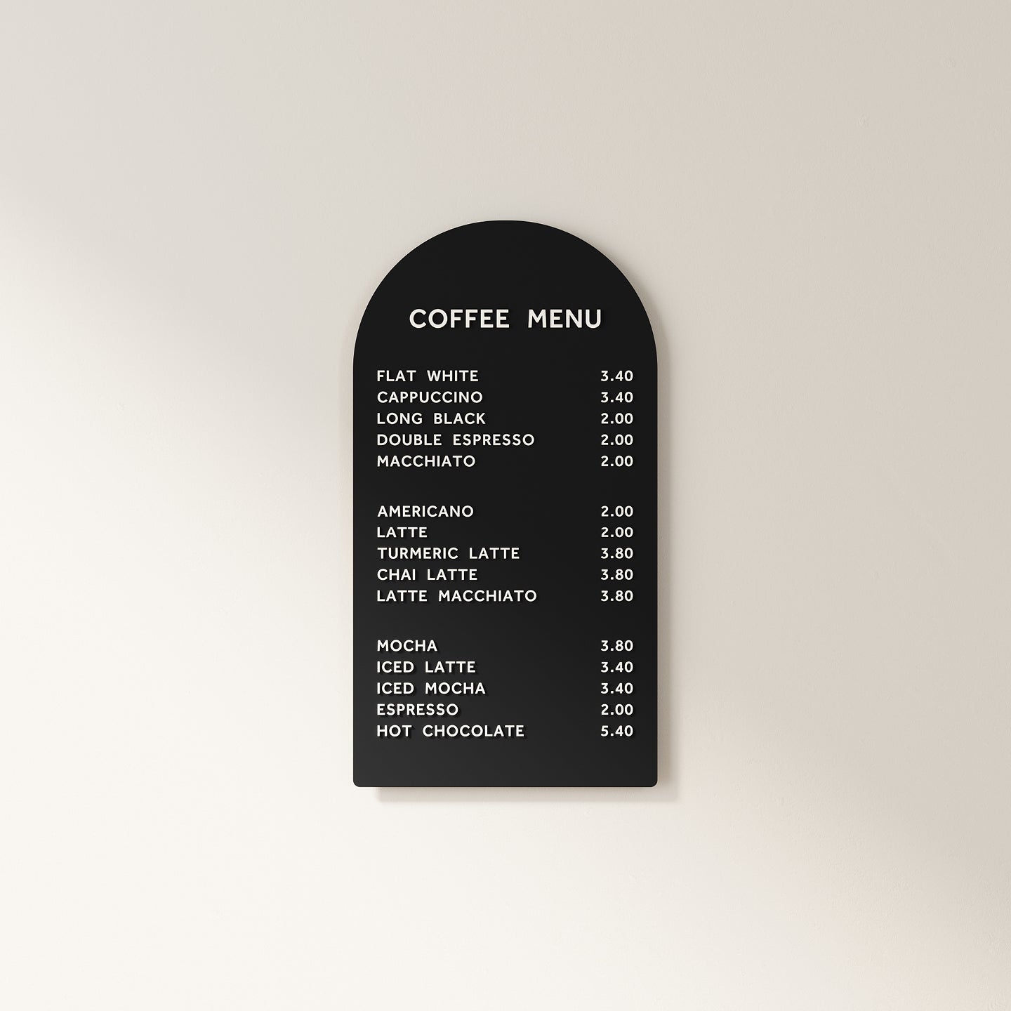 black arched magnetic coffee menu display board