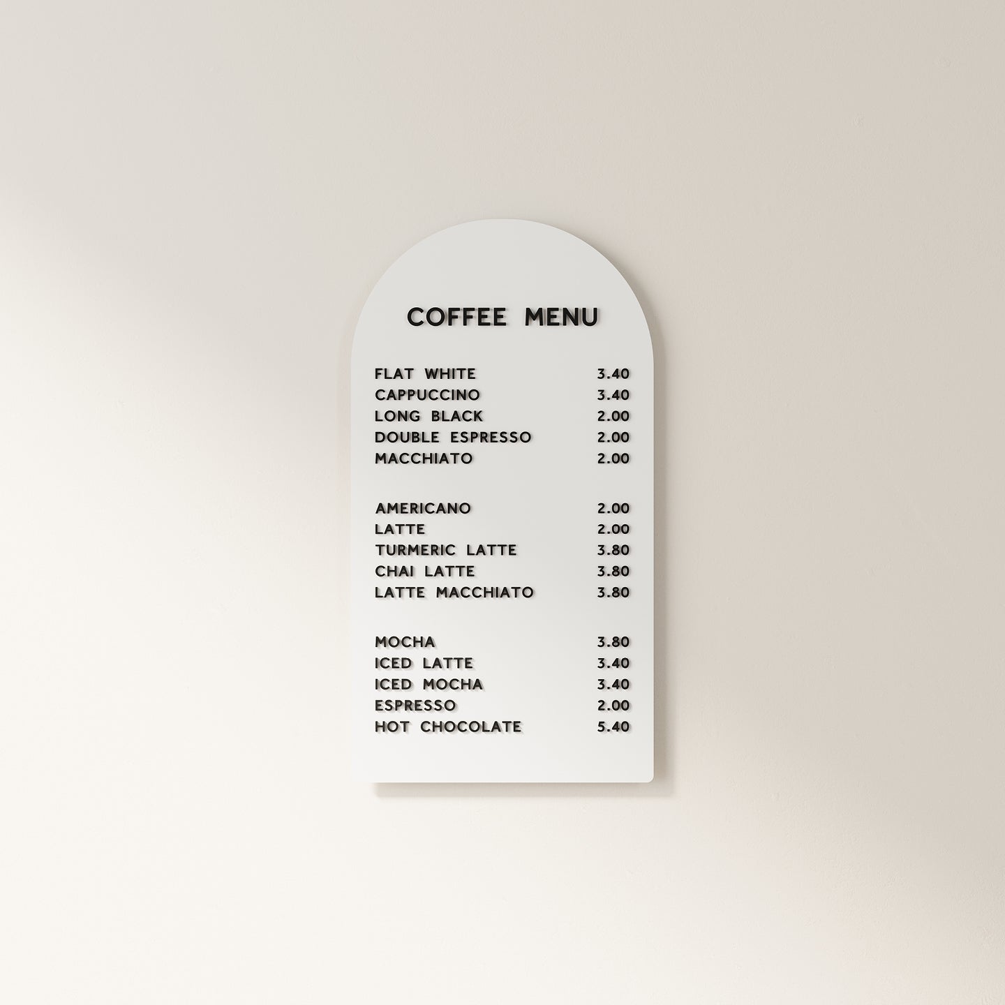 white arched magnetic coffee menu display board